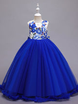 Blue Jewel Neck Sleeveless Lace Polyester Cotton Tulle Embroidered Kids Party Dresses-Dbrbridal