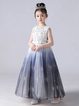 Blue Jewel Neck Sleeveless Polyester Tulle Lace Polyester Cotton Embroidered Kids Party Dresses-Dbrbridal