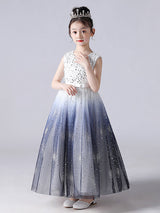 Blue Jewel Neck Sleeveless Polyester Tulle Lace Polyester Cotton Embroidered Kids Party Dresses-Dbrbridal