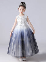 Blue Jewel Neck Sleeveless Polyester Tulle Lace Polyester Cotton Embroidered Kids Party Dresses-Dbrbridal