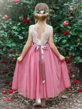 Blue Jewel Neck Sleeveless Sash Kids Party Dresses-Dbrbridal