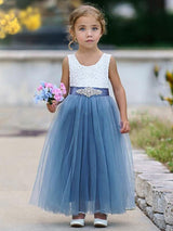 Blue Jewel Neck Sleeveless Sash Kids Party Dresses-Dbrbridal
