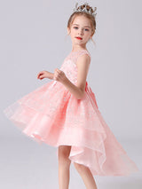 Blue Jewel Neck Sleeveless Short Princess Dress Sash Lace Kids Party Dresses-Dbrbridal