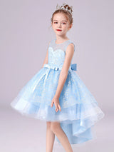 Blue Jewel Neck Sleeveless Short Princess Dress Sash Lace Kids Party Dresses-Dbrbridal