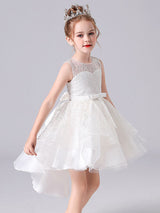 Blue Jewel Neck Sleeveless Short Princess Dress Sash Lace Kids Party Dresses-Dbrbridal