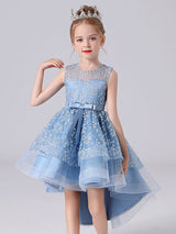 Blue Jewel Neck Sleeveless Short Princess Dress Sash Lace Kids Party Dresses-Dbrbridal