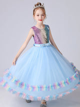 Blue Jewel Neck Tulle Sleeveless Ankle-Length Bows Kids Social Party Dresses Princess Dress-Dbrbridal