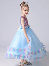 Blue Jewel Neck Tulle Sleeveless Ankle-Length Bows Kids Social Party Dresses Princess Dress-Dbrbridal