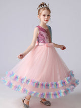 Blue Jewel Neck Tulle Sleeveless Ankle-Length Bows Kids Social Party Dresses Princess Dress-Dbrbridal