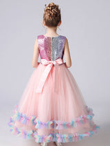 Blue Jewel Neck Tulle Sleeveless Ankle-Length Bows Kids Social Party Dresses Princess Dress-Dbrbridal