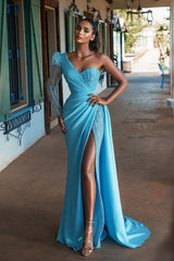 Blue Long Sleeve Prom Dress Mermaid Split With Sequins One Shoulder-Dbrbridal