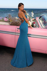 Blue One-Shoulder Sleeveless Mermaid Evening Prom Dress with Split-Dbrbridal