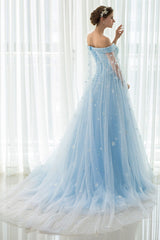 Blue Wedding Dress Lace Flower Applique Off-The-Shoulder Tulle Cape Chaple Train A-Line Bridal Gown-Dbrbridal