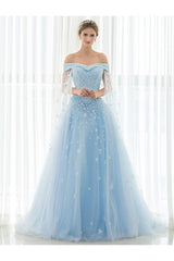 Blue Wedding Dress Lace Flower Applique Off-The-Shoulder Tulle Cape Chaple Train A-Line Bridal Gown-Dbrbridal