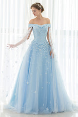 Blue Wedding Dress Lace Flower Applique Off-The-Shoulder Tulle Cape Chaple Train A-Line Bridal Gown-Dbrbridal