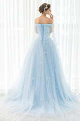 Blue Wedding Dress Lace Flower Applique Off-The-Shoulder Tulle Cape Chaple Train A-Line Bridal Gown-Dbrbridal
