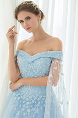 Blue Wedding Dress Lace Flower Applique Off-The-Shoulder Tulle Cape Chaple Train A-Line Bridal Gown-Dbrbridal