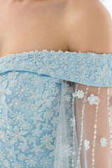 Blue Wedding Dress Lace Flower Applique Off-The-Shoulder Tulle Cape Chaple Train A-Line Bridal Gown-Dbrbridal