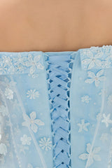 Blue Wedding Dress Lace Flower Applique Off-The-Shoulder Tulle Cape Chaple Train A-Line Bridal Gown-Dbrbridal