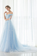 Blue Wedding Dress Lace Flower Applique Off-The-Shoulder Tulle Cape Chaple Train A-Line Bridal Gown-Dbrbridal