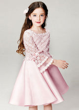 Blush flower girl dress Boho Princess Lace Satin Bell Long Sleeve Flowers Short Pageant Skater Dress-Dbrbridal