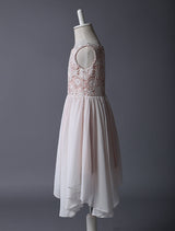 Blush Pink Flower Girl Boho Dress Tea Length Lace Chiffon Irregular Design Kids Party Dresses-Dbrbridal