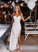 Bohemian Lace Elegant Sweetheart Slit Wedding Dresses Removable Train-Dbrbridal