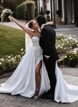 Bohemian Lace Elegant Sweetheart Slit Wedding Dresses Removable Train-Dbrbridal