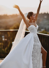 Bohemian Lace Elegant Sweetheart Slit Wedding Dresses Removable Train-Dbrbridal