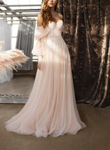 Boho Garden Chic A-line Elegant Sweetheart 3 4 Sleeves Sweep Train Tulle Wedding Dresses-Dbrbridal