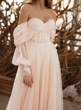 Boho Garden Chic A-line Elegant Sweetheart 3 4 Sleeves Sweep Train Tulle Wedding Dresses-Dbrbridal