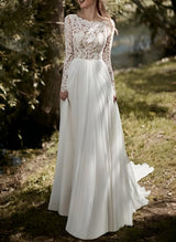 Boho Garden Chic A-line Illusion Neck Long Sleeves Lace Tulle Wedding Dresses-Dbrbridal