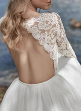 Boho Garden Chic A-line Illusion Neck Long Sleeves Lace Tulle Wedding Dresses-Dbrbridal