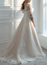 Boho Garden Chic A-line Illusion Neck Wedding Dresses Lace Tulle Sleeves for Plus Size-Dbrbridal