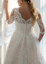 Boho Garden Chic A-line Illusion Neck Wedding Dresses Lace Tulle Sleeves for Plus Size-Dbrbridal
