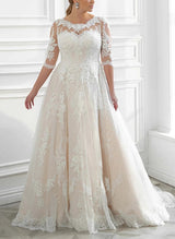 Boho Garden Chic A-line Illusion Neck Wedding Dresses Lace Tulle Sleeves for Plus Size-Dbrbridal