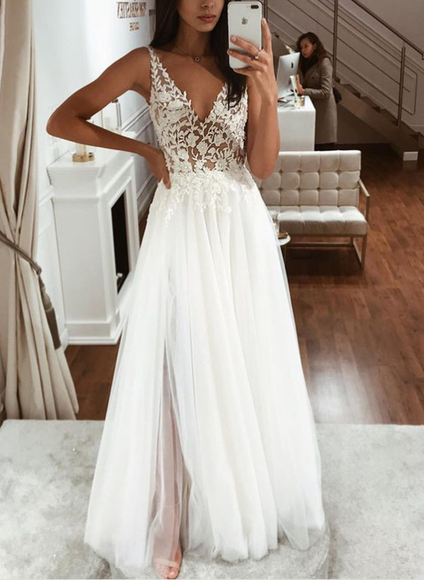 Boho Garden Chic A-line Wedding Dresses V-Neck Sweep Train