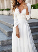 Boho Garden Chic A-line V-neck Long Sleeves Chiffon Wedding Dresses Appliques Lace-Dbrbridal