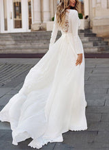 Boho Garden Chic A-line V-neck Long Sleeves Chiffon Wedding Dresses Appliques Lace-Dbrbridal
