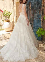 Boho Garden Chic A-line V-Neck Open Back Short Sleeves Lace Tulle Wedding Dress-Dbrbridal