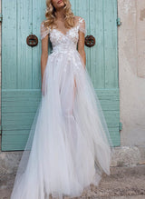 Boho Garden Chic A-line V-Neck Short Sleeves Lace Tulle Wedding Dresses Front Split-Dbrbridal