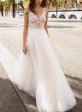 Boho Garden Chic A-line V-Neck Sleeveless Lace Tulle Wedding Dresses Front Split-Dbrbridal