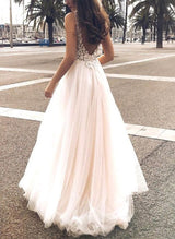 Boho Garden Chic A-line V-Neck Sleeveless Lace Tulle Wedding Dresses Front Split-Dbrbridal