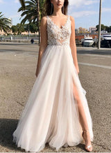 Boho Garden Chic A-line V-Neck Sleeveless Lace Tulle Wedding Dresses Front Split-Dbrbridal