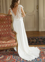 Boho Garden Chiffon Lace Wedding Dress Chic A-line Silhouette Scoop Neck Short Sleeves-Dbrbridal
