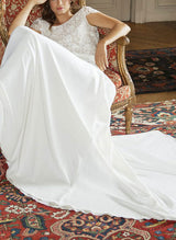 Boho Garden Chiffon Lace Wedding Dress Chic A-line Silhouette Scoop Neck Short Sleeves-Dbrbridal