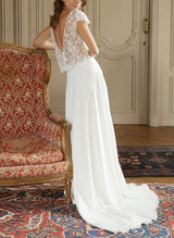 Boho Garden Chiffon Lace Wedding Dress Chic A-line Silhouette Scoop Neck Short Sleeves-Dbrbridal