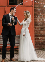 Boho Garden Lace Chic A-line Open Back Long Sleeves Wedding Dresses Tulle-Dbrbridal