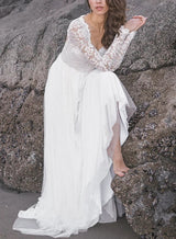 Boho Garden Lace Chic A-line Open Back Long Sleeves Wedding Dresses Tulle-Dbrbridal