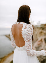 Boho Garden Lace Chic A-line Open Back Long Sleeves Wedding Dresses Tulle-Dbrbridal